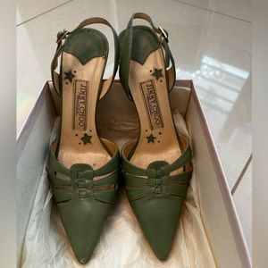 Pointy Jimmy Choo sling backs; color SAGE;  heel tips need replacement